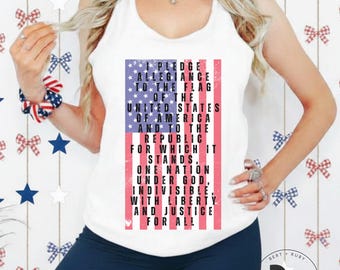 Distressed American Flag Pledge of Allegiance Ladies Next Level Fitted Racerback Tank (LT663) * America 250