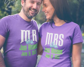 THE ORIGINAL Haunted Mansion Personalized Mr Mrs Bride Groom Honeymoon Adult Unisex Short Sleeve Jersey T-Shirt - PURPLE (AT30)