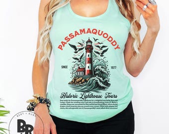 Passamaquoddy Lighthouse Tours Ladies Next Level Fitted Racerback Tank (LT158) * Petes Dragon * Brazzle Dazzle
