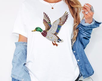 Faux Rhinestone Mallard Duck Adult Bella Canvas Unisex Short Sleeve T-Shirt * Duck Hunting Sweatshirt * Blinged Mallard Duck (AT765)