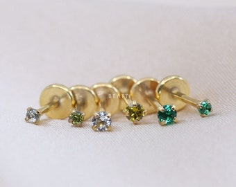 20G/18G • Tiny 1.5mm/2mm Green Ombre · Gold CZ Threadless Push Pin Labret Stud • Gold Green Piercing • Gold Tragus stud • Flat Back Earring