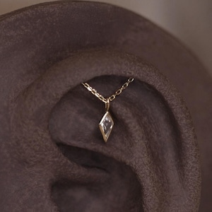 LIMITED ‣ 14K Solid Gold Vertical Helix Chain Threadless Stud • Kite Cut White Topaz Vertical Helix Flat Back Earring