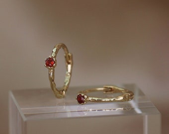 NEW ‣ Tara • Dainty Genuine Gemstone Hoop Earrings • 14K Vermeil • Garnet •  Minimal Hoop Earrings