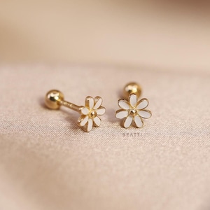 NOUVEAU ‣ Petit clou d'haltères en forme de marguerite • Piercing en argent 20 g • Piercing en vermeil 14 carats • Boucle d'oreille de cartilage marguerite • Boucles d'oreilles marguerite