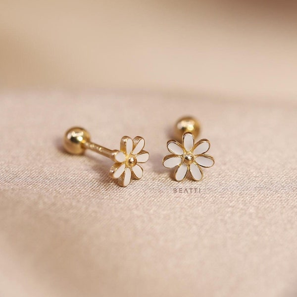 NEW ‣ Tiny Daisy Flower Barbell Stud • 20G Silver Piercing  • 14K Vermeil Piercing  • Daisy Flower Cartilage Earring • Daisy Earrings