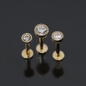 18G • 14K Solid Gold 2.5mm/3mm/3.5mm Milgrain Bezel Labret Stud • 14K Internal Threaded Labret • Tragus Earring • 14K Cartilage Stud