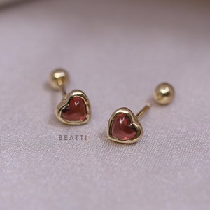 NEW ‣ Cora •  Heart Shaped Natural Gemstone Barbell  • Garnet Piercing  • Gemstone Cartilage Earring • Red Heart Earring