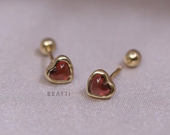 NEW ‣ Cora •  Heart Shaped Natural Gemstone Barbell  • Garnet Piercing  • Gemstone Cartilage Earring • Red Heart Earring