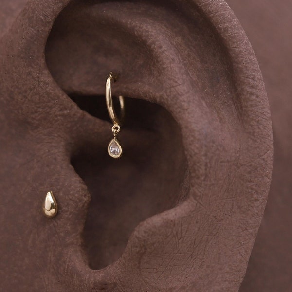 NEW ‣ Tiny 14K Solid Gold 6mm Clicker Hoop with Teardrop Charm • 18G / 14K Gold Cartilage Hoop • Tiny 6mm Gold Cartilage Clicker