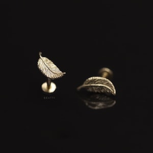 NEW ‣ PAIR of 14K Solid Gold ∙ Delicate Leaf Internally Threaded Labret, 14K Gold Labret, Conch Piercing, Gold Leaf Earring