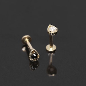 NEW ‣ 14K Gold Natural Rough Diamond Tear Drop Cartilage Earring • 14K Internally Threaded Labret • 14k Natural Black Diamond Tragus Earring