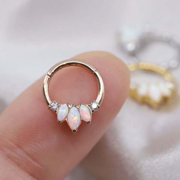 NEW ‣ 16g Tiara Opal Clicker • Fire Opal Seamless Hinged Hoop • Marquise Opal Daith Hoop • Opal Septum Ring • Iridescent Opal Clicker