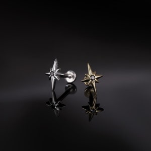 NOUVEAUTÉ Or massif 14 carats Petit labret Northstar avec diamants noirs à filetage interne Clous d'oreilles en étoile à dos plat