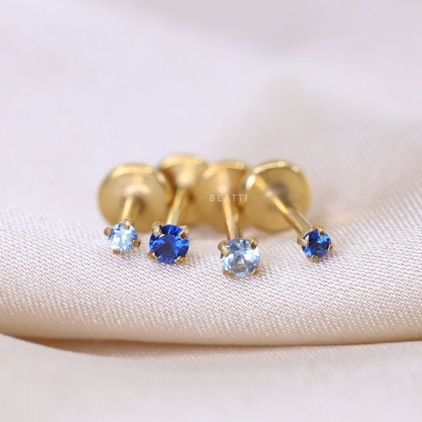 20G/18G • Tiny 1.5mm/2mm Blue ·  CZ Threadless Push Pin Labret Stud • Gold and Blue Piercing • Gold Tragus stud • Flat Back Earring