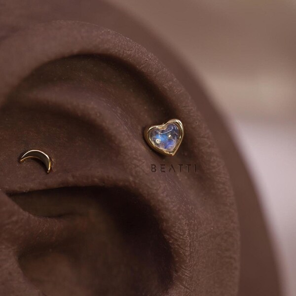 NEW ‣ Cora • BEATTI 20G Heart Shaped Natural Gemstone Barbell  • 14K Vermeil Piercing  • Gemstone Cartilage Earring • Moonstone Studs