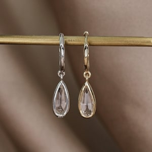 NEW ‣ Iris • White Topaz Dangle Hoop Earrings • 14K Vermeil • Briolette Cut Gemstone Charm Dangle Hoops