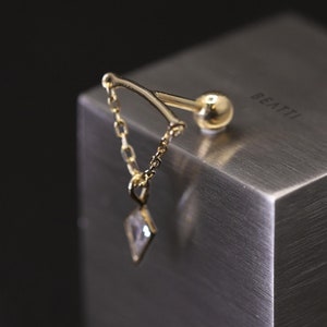 NEW ‣ 14K Solid Gold Vertical Helix Chain Piercing • Unique Gold Barbell • 14K Gold Helix Piercing • Dangle Chain Piercing