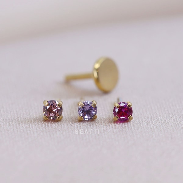 20G/18G • Tiny 1.5mm/2mm Mauve Ombre · CZ Threadless Push Pin Labret Stud • Color Piercing • Colored Stone Tragus stud • Flat Back Earring