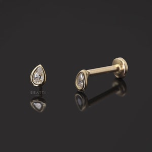 NEW ‣ 14K Gold Super Tiny Tear Drop Cartilage Earring • 14K Internally Threaded Labret • 14k Teardrop Diamondcut Tragus Earring