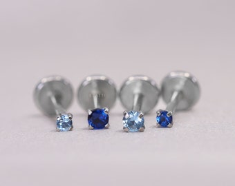 16G/18G/20G • Tiny 1.5mm/2mm Blue ·  CZ Threadless Push Pin Labret Stud • Blue Stone Piercing • Tragus stud • Flat Back Earring