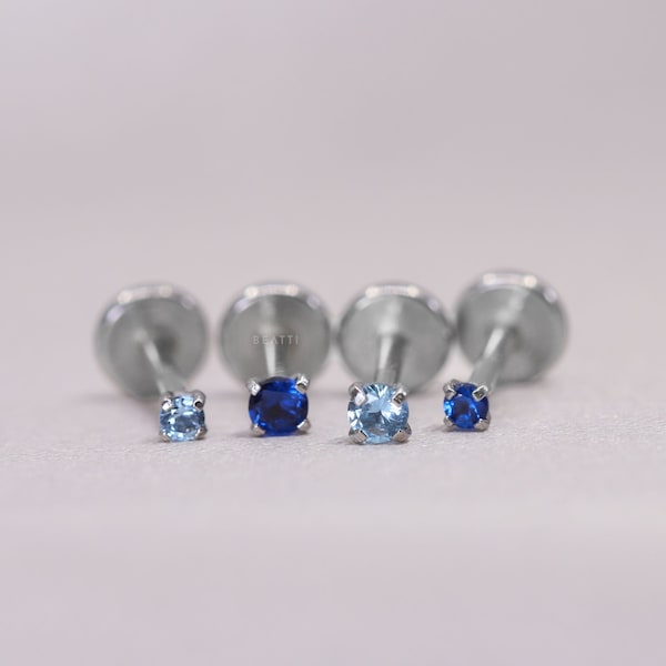 16G/18G/20G • Tiny 1.5mm/2mm Blue ·  CZ Threadless Push Pin Labret Stud • Blue Stone Piercing • Tragus stud • Flat Back Earring