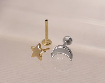 NOUVEAUTÉ ‣ Mini clou labret sans fil BEATTI étoile et lune brillant • Boucle d'oreille cartilage lune • Tragus/hélice/conque • Boucles d'oreilles à fond plat