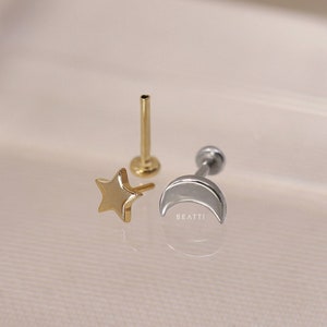 NEW ‣ Mini Shine Star and Moon Threadless Push Pin Labret Stud • Moon Cartilage earring • Tragus/Helix/Conch • FlatBack Earrings