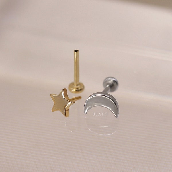 NEW ‣ BEATTI Mini Shine Star and Moon Threadless Push Pin Labret Stud • Moon Cartilage earring • Tragus/Helix/Conch • FlatBack Earrings