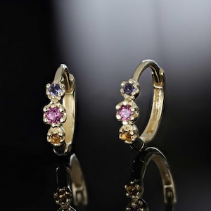 Dainty Multi Gemstone Hoop Earrings • 14K Gold Vermeil • Rhodolite Garnet, Amethyst, Citrine
