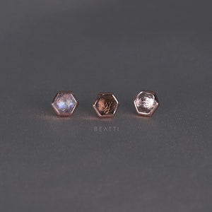 Aria • Natural Gemstone Threadless Ends • Hexagon Gemstone Flat Back Earrings • 925 Sterling Silver with Rose Gold Plating • Titanium Post