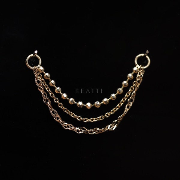 NEW ‣ Vicenza Triple Mixed 14K Solid Gold Chain Attachment • 14K Gold Chain Piercing • Gold Cartilage Chain