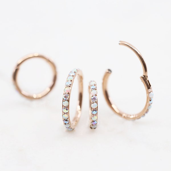 18G/20G Magical Iridescent Clicker Hoop • Fire White Opal + Rainbow CZ Hinged Clicker Hoop • Unicorn Clicker • Opal Cartilage Hoop