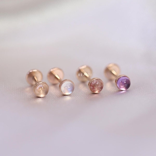 NEW ‣ Tiny Natural Gemstone RoseGold Threadless Push Pin Labret • Pinkish Gemstones Cartilage earring  • FlatBack Earrings