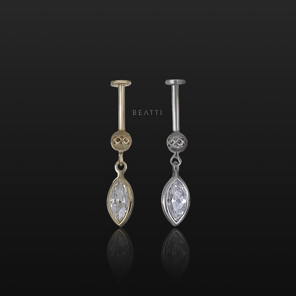 NEW ‣ BEATTI 'Riké' 14K Solid Gold Marquise Dangle Flat Back • 14K Gold Cartilage Earring • Vertical Helix Earring