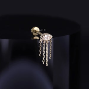NEW ‣ Misty Dew ∙  14K Solid Gold  Tiny Marquise White Topaz with Chain Tassel Threadless Stud ∙ Flat Back Studs with Titanium Post