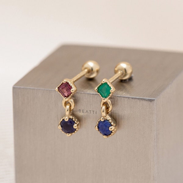 NEW ‣ Aubree • BEATTI 20G Natural Gemstone Barbell  • Rhombus 14K Vermeil Piercing  • Gemstone Cartilage Earring • Natural Gemstone Studs