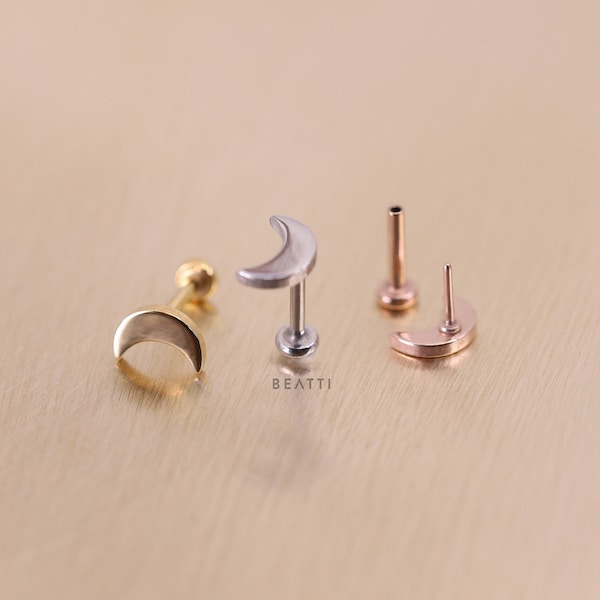 NEW ‣ BEATTI Mini ShineMoon Threadless Push Pin Labret Stud • Moon Cartilage earring • Tragus/Helix/Conch • FlatBack Earrings