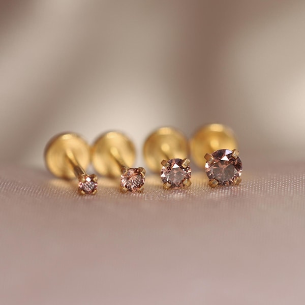 NEW ‣ 16G/18G/20G • Tiny Sparkly Umber CZ Threadless Push Pin Labret Stud • Gold Piercing • Gold Tragus stud • Flat Back Earring