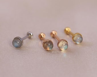 NOUVEAU ‣ Petit clou labret sans filetage avec lunette en labradorite véritable • Boucle d'oreille cartilage avec lunette en pierres précieuses • Boucles d'oreilles à fond plat