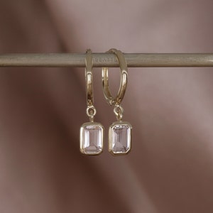 NEW ‣ Nora • Emerald Cut Genuine Topaz Hoop Earrings • 925 Silver 14K Vermeil • White Topaz Hoop Earrings