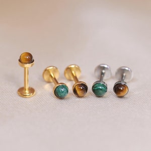 NEW ‣ Tiny Tiger Eye • Malachite Gemstone Threadless Push Pin Labret • Natural Gemstones Cartilage earring  • FlatBack Earrings • CKG052