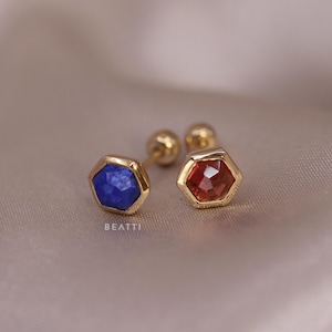 NEW ‣ Aria • BEATTI 20G Natural Gemstone Barbell  • Hexagon 14K Vermeil Piercing  • Gemstone Cartilage Earring • Natural Gemstone Studs