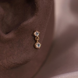 Aubree • BEATTI Natural Gemstone Threadless Flat Back Earring  • Labradorite (Top) Moonstone (Bottom) Push Pin Stud • Dangle Charm Piercing