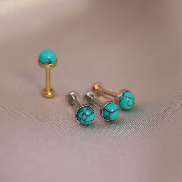 NEW ‣ Tiny Turquoise Cabochon Threadless Push Pin Labret Stud • Cartilage earring  • FlatBack Earrings