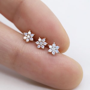 NEW ‣ Mini Moonstone Flower stud Cartilage Earring • Tragus stud • Conch stud •Tiny Cartilage stud • Flat Back Earring