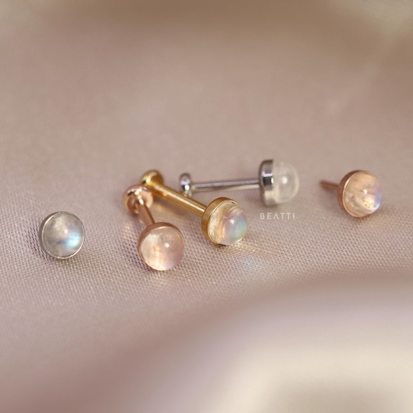 NEW ‣ BEATTI Genuine Moonstone Bezel Threadless Push Pin Labret Stud • Bezel Gemstone Cartilage earring  • FlatBack Earrings