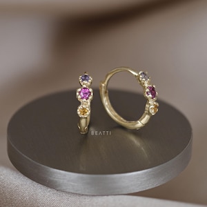 LIMITED ‣ Dainty Multi Gemstone Hoop Earrings • 14K Vermeil • Rhodolite Garnet, Amethyst, Citrine • Daily Hoop Earrings