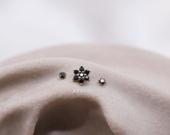 NEW ‣ Tiny Black CZ Flower stud Cartilage Earring • Tragus stud • Conch stud •Tiny Cartilage stud • Flat Back Earring