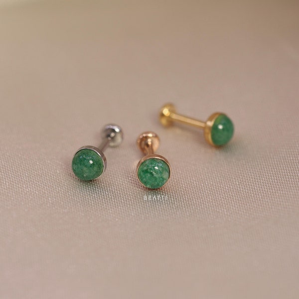 NEW ‣ Tiny Genuine Aventurine Bezel Threadless Push Pin Labret Stud • Gemstone Cartilage earring  • FlatBack Earrings