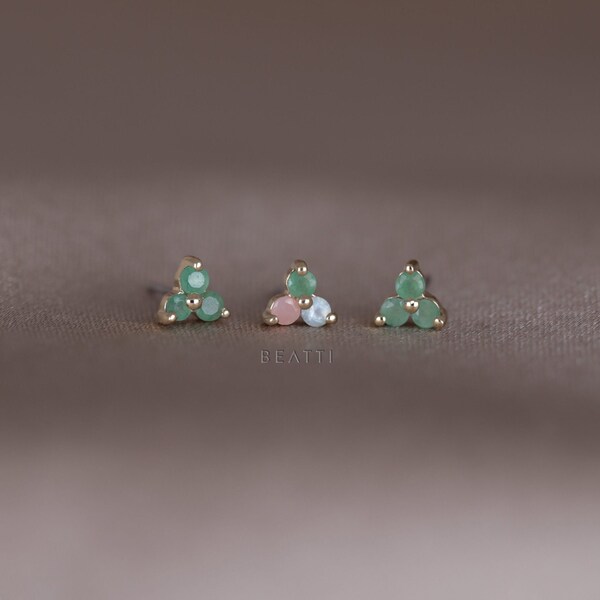 Ivy • Small Natural Gemstone Thread less Stud • Trinity Gemstone Flat Back Earrings • 925 Sterling Silver with Gold Vermeil • Titanium Post